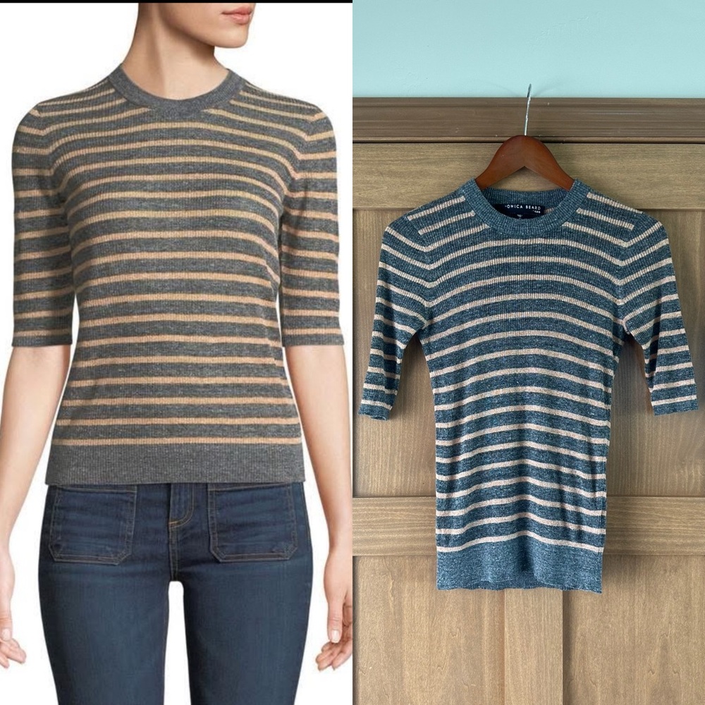 Veronica Beard Striped Crew Neck Sweater - Blue and Tan